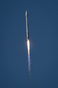 The Landsat 8 Earth-imaging satellite atop this rocket was designed, built and tested in Gilbert. / Associated Press photo