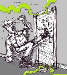 An illustration of Bert breaking into an unresponsive tenant's apartment. / Credit- Ralph Solonitz