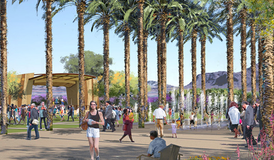 The Eastmark Palm Plaza, an active pathway that connects The ‘Mark to the future event pavilion, was modeled on Arizona’s iconic resorts of the past.