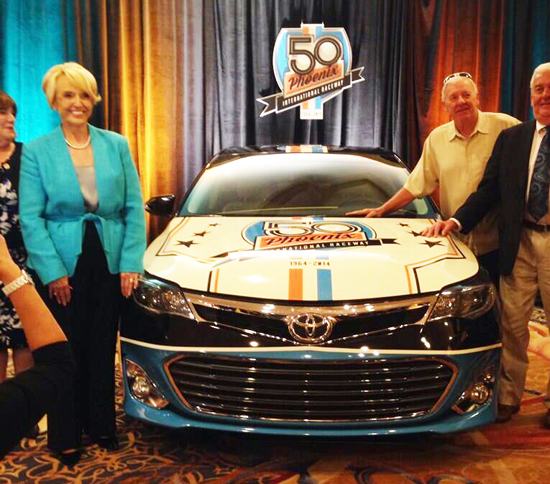   Phoenix International Raceway President Bryan R. Sperber announced plans today for the track’s 50th Anniversary celebration in 2014.  Sperber was joined by Arizona Governor Jan Brewer, Maricopa County Supervisor Mary Rose Wilcox, Avondale Mayor Marie Lopez Rogers, West Coast Stock Car Hall of Fame Chairman and former NASCAR Vice President Ken Clapp and 1983 Indianapolis 500 winner Tom Sneva for the announcement.