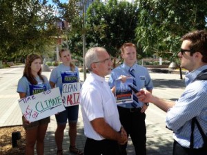 Environment Arizona activists (left), Pastor Doug Bland (middle) and Bret Fanshaw (right) speak to the media about power plant pollution in Arizona. / Photo- Will Greene