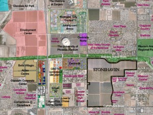 West Valley developments-StoneHaven, Glendale's largest housing development project in a decade, will occupy 383 acres near Westgate Entertainment District. The development is expected to accommodate 3,200 residents. / LVA Urban Design Studio