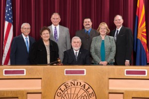 Pictured, from Left to Right: Councilmember Manny Martinez (Cholla District); Councilmember Norma Alvarez (Ocotillo District); Councilmember Gary Sherwood (Sahuaro District); Mayor Jerry Weiers; Councilmember Sammy Chavira (Yucca District); Vice Mayor Yvonne J. Knaack (Barrel District); Councilmember Ian Hugh (Cactus District)