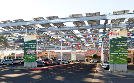 The Fry’s Food Stores project consists of one PowerParasol™ solar  shade structure covering the grocery store’s parking lot at 2727 West Bell Road in Phoenix.