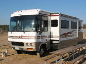 A Class A motorhome with slide-out extended floors