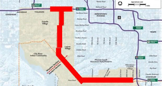 The red line shows a potential route for the South Mountain Freeway.