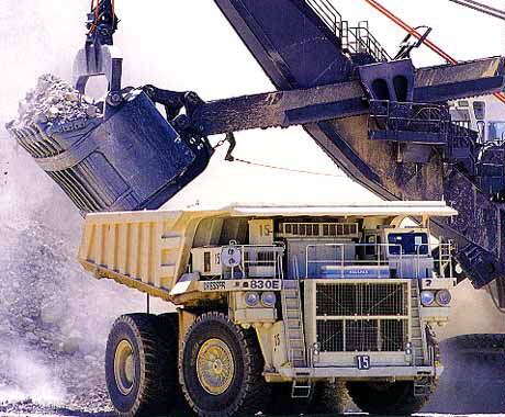Copper Ore being loaded into a 300 ton truck for transport to the crusher.