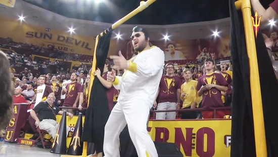 Elvis tries to distract an ASU opponent's free throw attempt. 