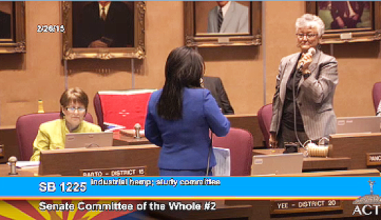 Sen. Kimberly Yee (standing left) asks Sen. Lynne Pancrazi (right) about her bill to create an industrial hemp study committee./from Senate video