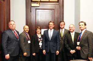 A local tech group visits D.C. to discuss tech issues. (left to right) Levementum CEO Doug Guilbeau, Invoy Technologies owner Greg Garcia, KEO Marketing CEO Sheila Kloefkorn, AZ Senator Jeff Flake, Arizona Technology Council CEO Steve Zylstra, Pinnacle Transplant Technologies CEO Russ Yelton and Tri-Merit Vice President William Hewitt./Photo provided by AZ Tech Council