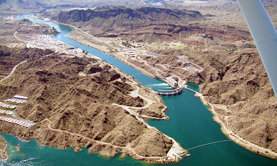 Parker Dam and the Colorado River separating Arizona and California.