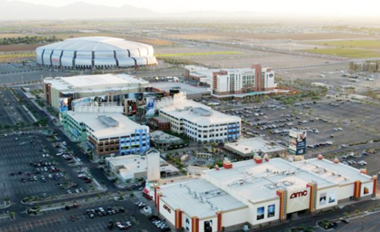 Aerial view of Westgate Entertainment District (formerly known as Westgate City Center) in Glendale, Arizona. Both the University of Phoenix Stadium and the Gila River Arena (formerly known as Jobing.com Arena) are located here. Photo Credit: © Global Spectrum, Gene Lower/AZ Cardinals, used with permission