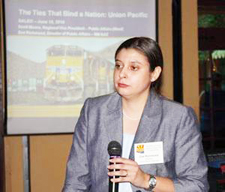Union Pacific's Zoe Richmond explains that the proposed railyard would create 290 high-paying jobs. /Joe Pangburn photo