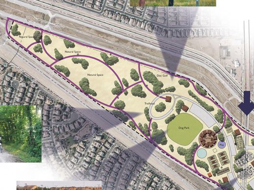 The southern end of Concept 3, bordered by the future extension of Ocotillo Road to the north and Higley Road to the east, includes a dog park, ramadas, playground, tennis courts, natural space, disc golf area, and a trailhead.  