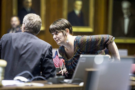 Rep. Celeste Plumlee, D-Tempe, speaks on the floor of the Arizona House of Representatives on May 3, 2016. Plumlee sponsored a model legislation bill to reform employment and labor laws, which included language and ideas from previous legislation in other states and various special interest groups. House Bill 2569 did not receive a committee hearing./ Photo by Sarah Jarvis/AZCIR