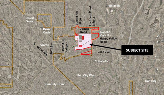 Vicinity map courtesy the city of Surprise. The red outlines mark the Rancho Mercado project boundaries while the pink area is the section of the project whose preliminary play was approved Jan. 5. To the west in Desert Oasis, a plat was approved May 17.
