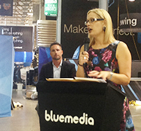 Rep. Kyrsten Sinema addresses small business owners at bluemedia in Tempe Wednesday afternoon /Photo- Mike Sackley