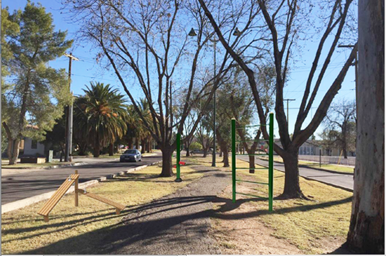 The students proposed building on existing walking paths in downtown Mesa’s wide medians to create a connected urban trail, including exercise equipment and crossing signs between trail segments. /Photo by Andrew Rogge