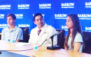 Dr. Javier Cardenas, Andrew Wachtel and Bianca Feix address the media at the Barrow Neurological institute. /Photo by Kristina Vicario/Cronkite News