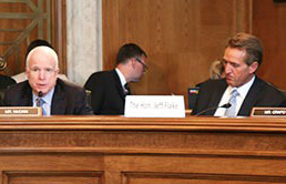 Sens. John McCain, left, and Jeff Flake speak in support of their bill to settle a water dispute between Freeport Minerals and the Hualapai tribe. McCain said they are willing to work with anyone who has concerns over the bill. / Julianne DeFilippi.jpg