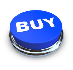 A round, blue buy button on a white background