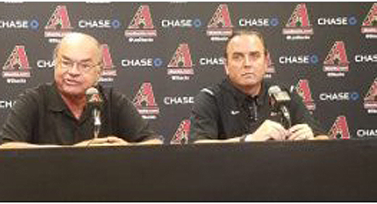 Diamondbacks Managing General Partner Ken Kendrick and President and CEO Derrick Hall address the media Oct. 3 after the announcement that general manager Dave Stewart and manager Chip Hale were released. /Photo by Trisha Garcia/Cronkite News