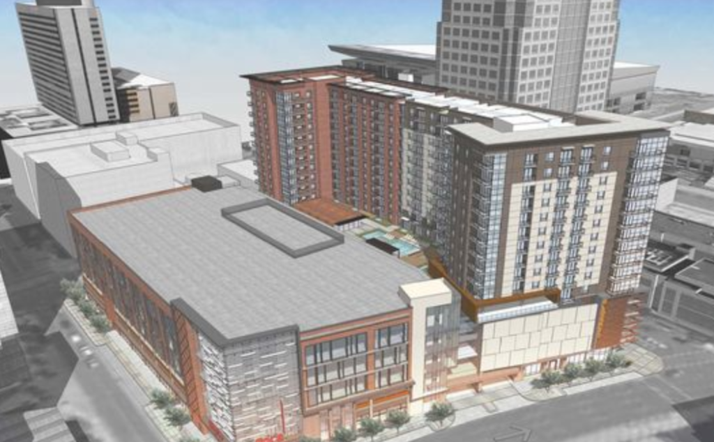  An artist's rendering shows a project proposed by RED Development that would include an “urban” Fry’s grocery store as part of a high-rise apartment, office and retail project. /Photo: RED Development 