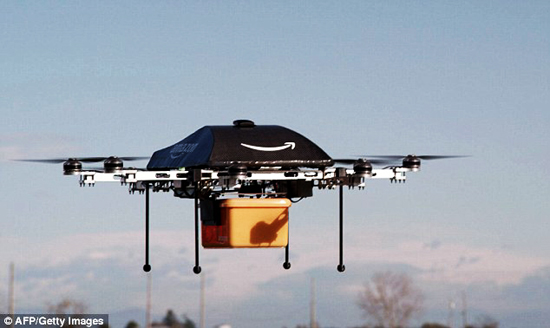 A prototype delivery Amazon drone is pictured.