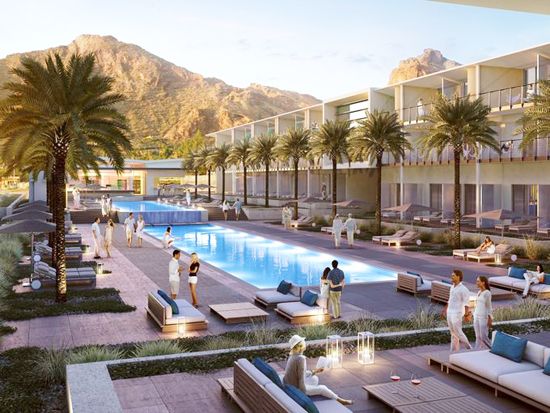 A rendering of the new Mountain Shadows pool area and hotel suites / Westroc Hospitality