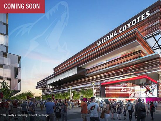An artist rendering of the exterior of the Coyotes new arena in Tempe, Arizona. This is only a rendering and is subject to change. /Photo: Arizona Coyotes 
